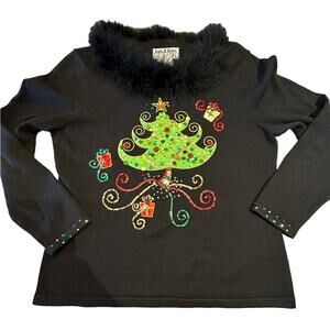 Jack B Quick Women's Large Ramie/Cotton Black Christmas Tree Holiday Sweater